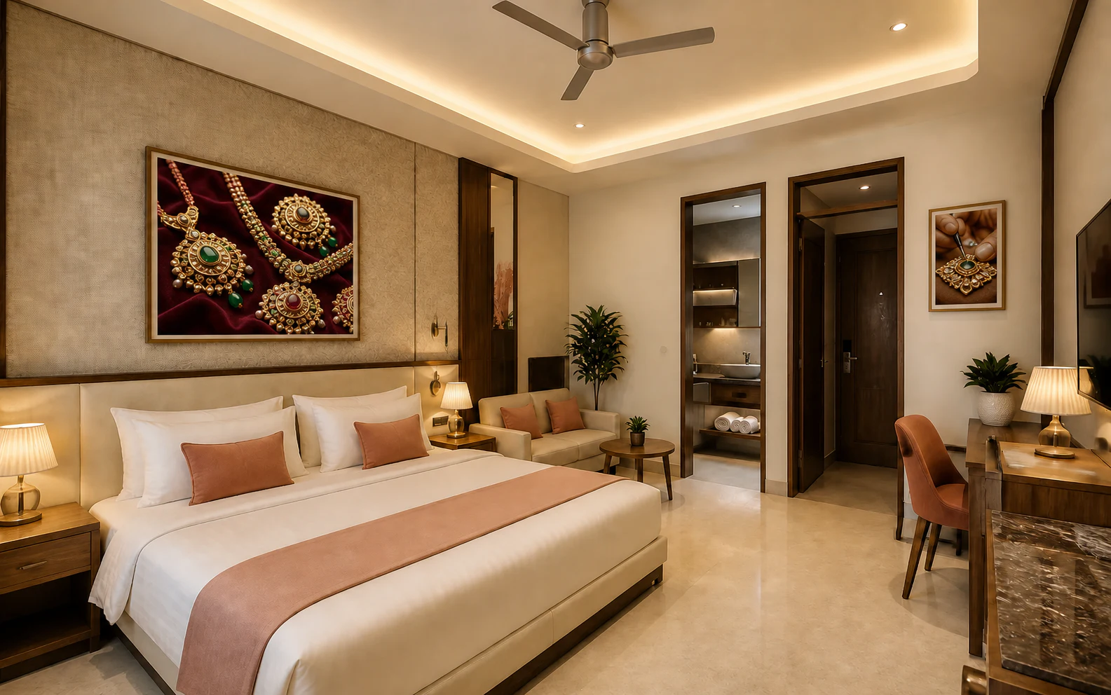 JAIPUR EDIT Deluxe Room with sofa and Jaipur artwork